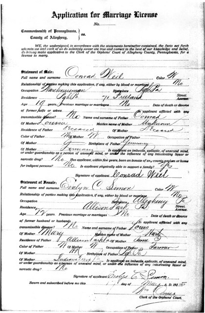 Weil_Conrad_Evalyn_1915_MarriageLicense_AlleghenyCo_p2